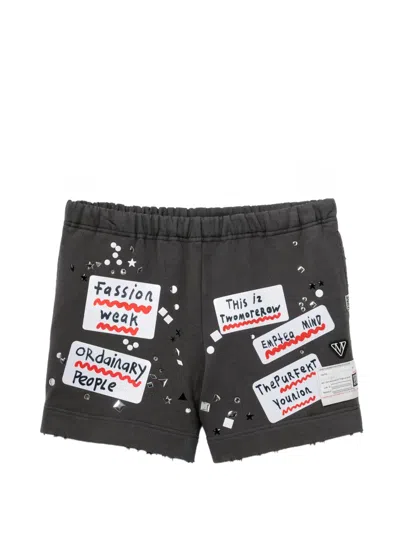 Miharayasuhiro Embellished-sticker Sweat Shorts In Gray