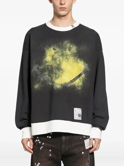 Miharayasuhiro Smily Face Printed Distressed Ringer Sweatshirt In Black