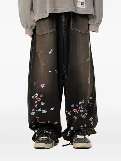 Miharayasuhiro Kids Sticker Printed Baker Denim Pants In Black