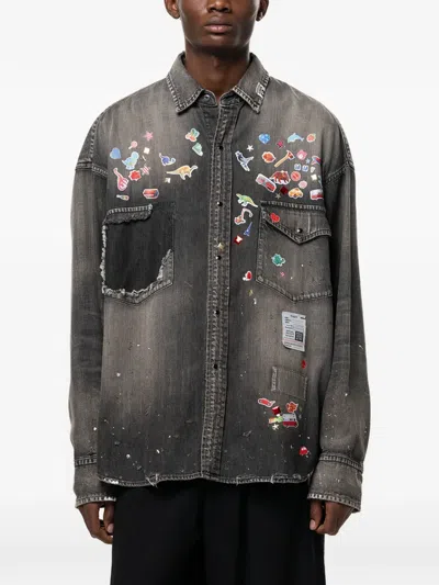 Miharayasuhiro Kids Sticker Printed Denim Shirt In Gray