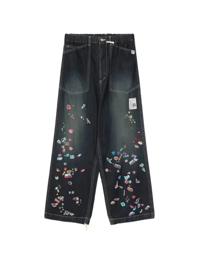 Miharayasuhiro Kids Sticker-printed Baker Denim Pants In Black
