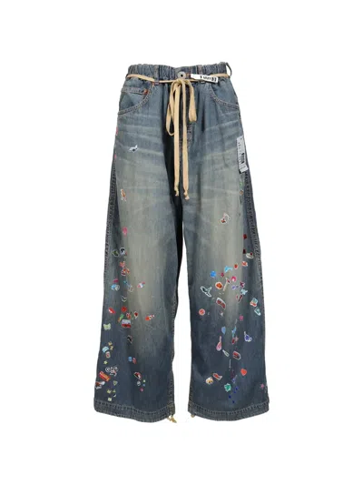 Miharayasuhiro Kids-sticker Printed Wide Denim Pants In Blue