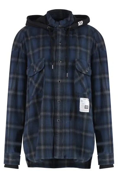 Miharayasuhiro Maison Mihara Yasuhiro Men's Hooded Distressed Check Print Cotton Shirt In Blue