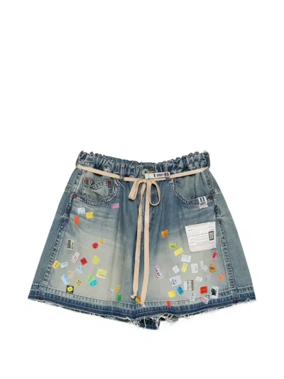 Miharayasuhiro Price-tag Sticker Printed Denim Short In Blue