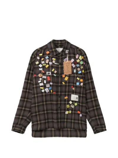 Miharayasuhiro Price Sticker Printed Check Shirt In Brown