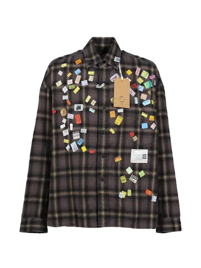 Miharayasuhiro Price Sticker Printed Check Shirt In Gray