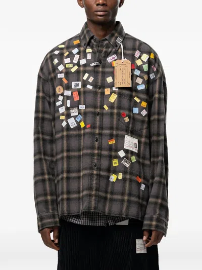 Miharayasuhiro Price Sticker Printed Check Shirt In Gray