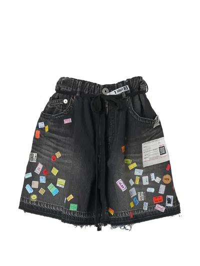 Miharayasuhiro Price Tag Printed Denim Gather Shorts In Black