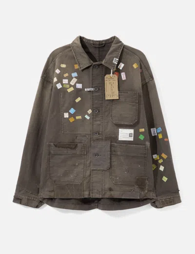 Miharayasuhiro Price Tag Sticker Printed Repair Coverall Shirt In Brown