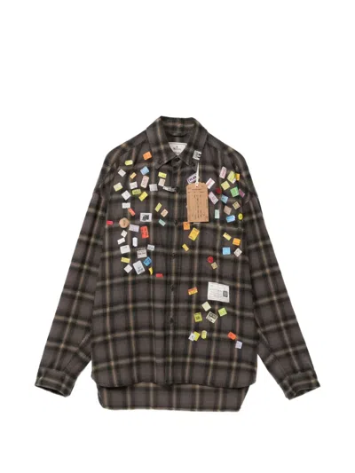 Miharayasuhiro Price-sticker Printed Check Shirt In Gray