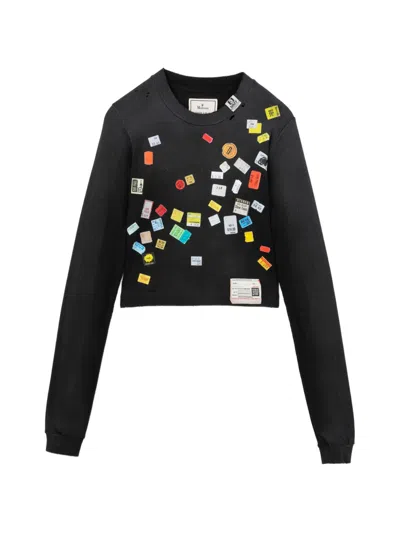 Miharayasuhiro Price-tag Sticker Printed Crop T-shirt In Black