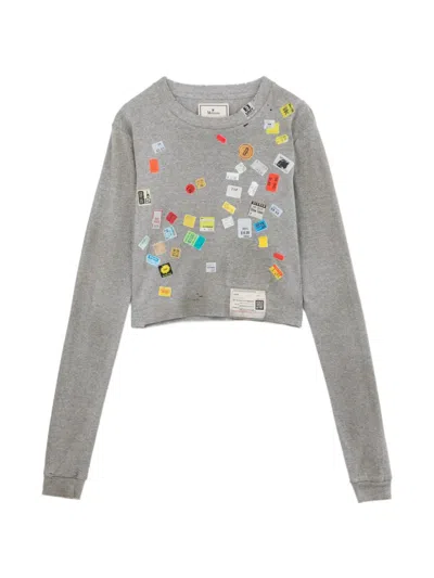 Miharayasuhiro Price-tag Sticker Printed Crop T-shirt In Gray