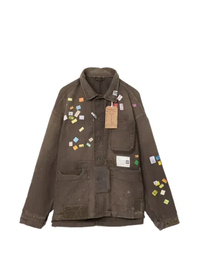 Miharayasuhiro Price-tag Sticker Printed Repair Coverall Jacket In Brown