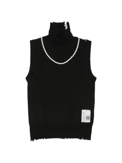 Miharayasuhiro Sleeveless Pearl-embellished Distressed Sweater In Black
