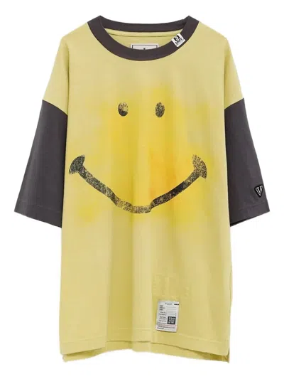 Miharayasuhiro Smily Face Print Contrast-sleeve T-shirt In White