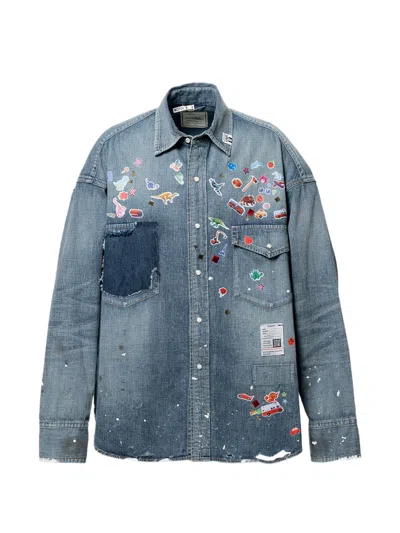 Miharayasuhiro Sticker-print Denim Shirt In Blue