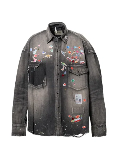 Miharayasuhiro Sticker-print Denim Shirt In Black
