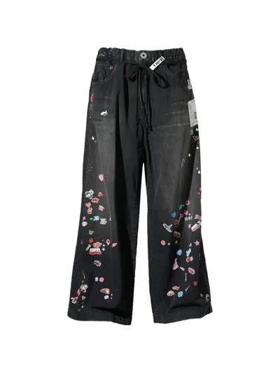 Miharayasuhiro Sticker-print Faded-effect Jeans In Black