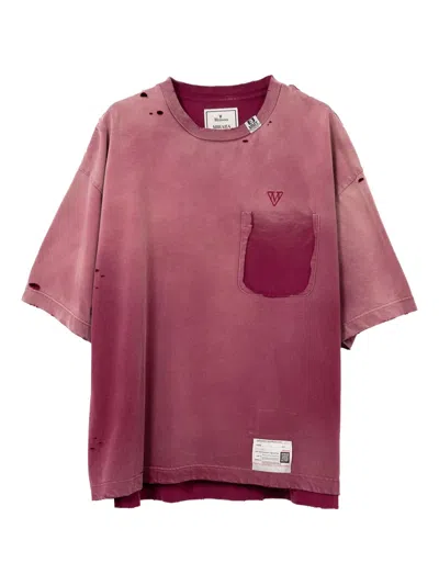 Miharayasuhiro Sun Faded-effect Chest-pocket Cotton T-shirt In Burgundy