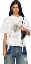 Miharayasuhiro White Cat Printed Embellished Distressed T-shirt In White