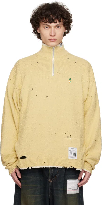 Miharayasuhiro Yellow Distressed Knit Half Zip Sweater In Multi