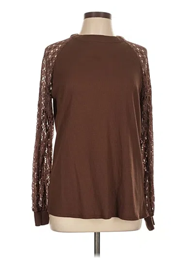 Pre-owned Miholl Long Sleeve Top Brown Crew Neck Tops