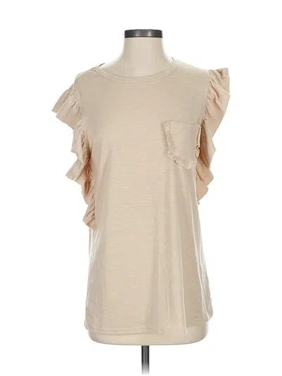 Pre-owned Miholl Short Sleeve Top Tan Ruffles Neckline Tops In Brown