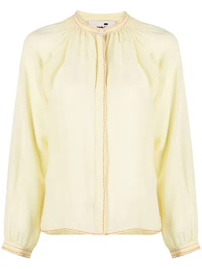 Mii Decorative-stitching Cotton Blouse In Yellow