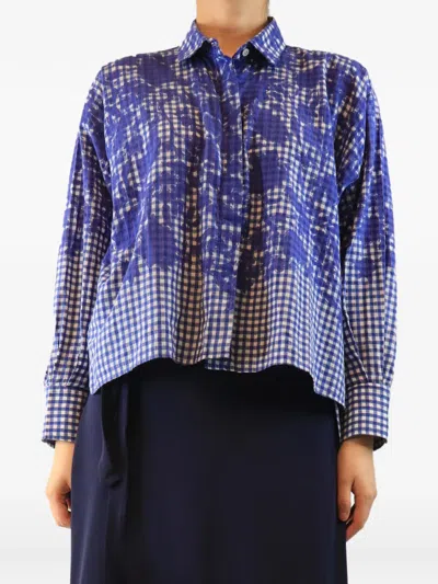 Pre-owned Mii Gingham Floral-print Blouse In Blue