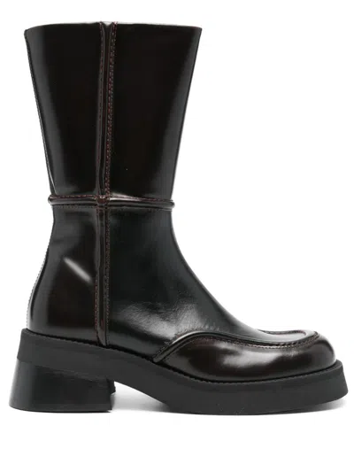 Miista Innes Brown Leather Block Heel Mid-calf Boots In Black