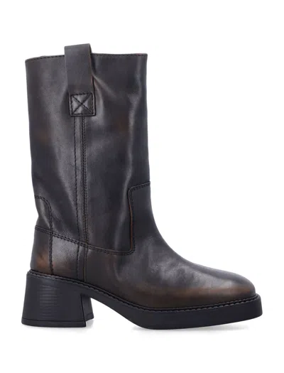 Miista Inaya Mini-inspired Brush-off Leather Block Heel Boots In Brown