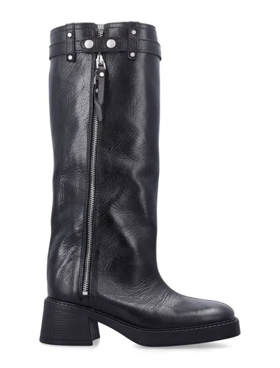 Miista Izolda Brush-off Leather Pull-on Boots With Adjustable Strap & Block Heel (6.5 Cm) In Nero