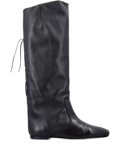 Miista Leather Knee-high Square Toe Boots In Blue