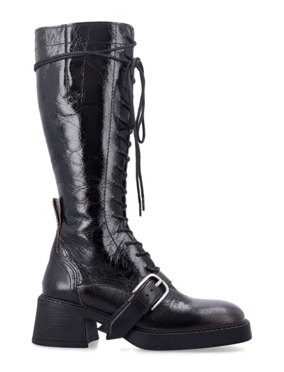 Miista Lace-up Knee-high Boot With Buckle Strap In Black