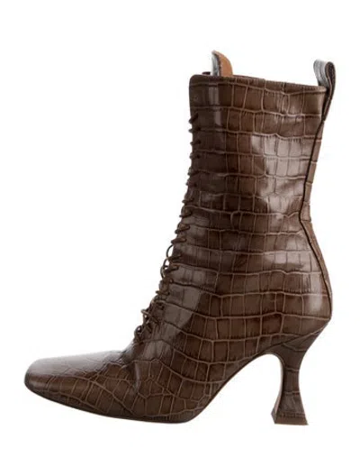 Pre-owned Miista Leather Animal Print Lace-up Boots In Brown