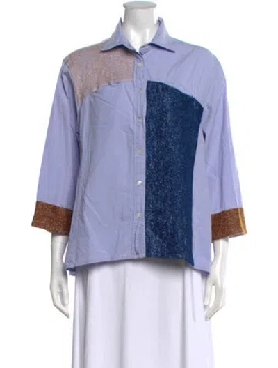 Pre-owned Miista Patterned Three-quarter Sleeve Button-up Top In Blue/white