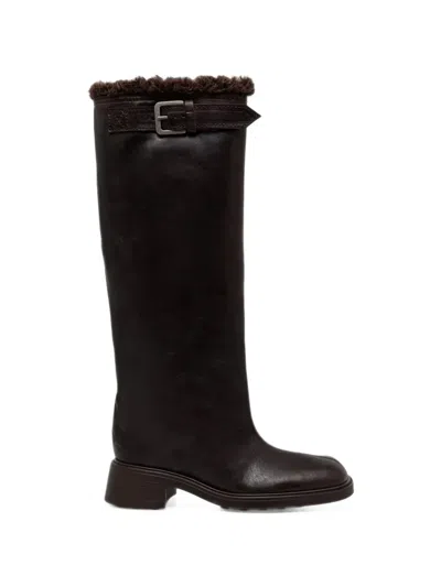 Miista Ross Buckle-detail Shearling-trim Boots In Brown