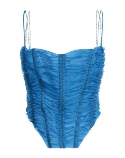 Miista Woman Top Azure Size L Silk, Polyamide In Blue