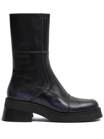 Miista Heya Black Leather Block Heel Calf Boots