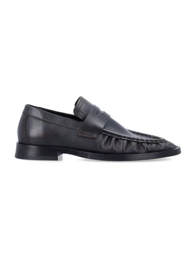 Miista Zita Gathered-toe Brush-off-leather Penny Loafers In Gray