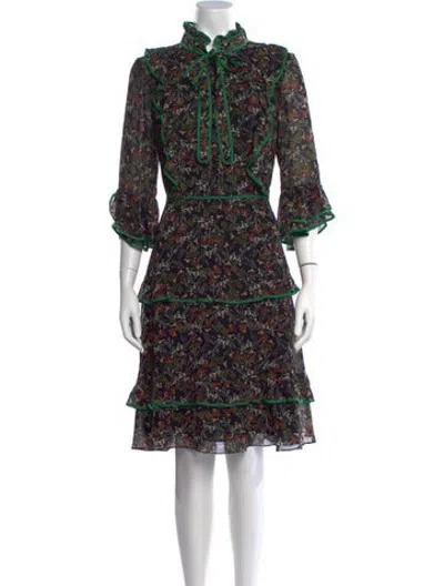 Pre-owned Mikael Aghal Floral Print Knee-length Dress In Black