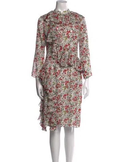 Pre-owned Mikael Aghal Floral Print Knee-length Dress In White