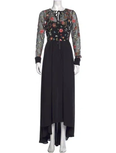 Pre-owned Mikael Aghal Floral Print Long Dress In Black