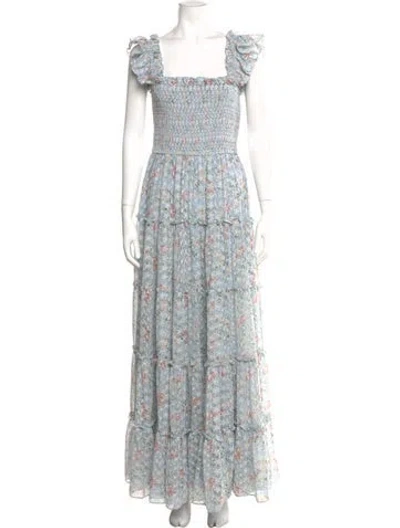 Pre-owned Mikael Aghal Floral Print Long Dress In Blue