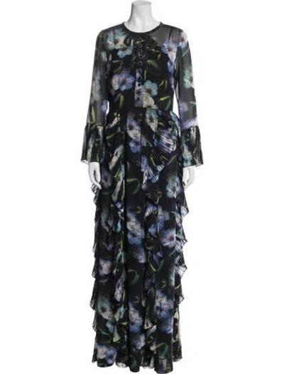 Pre-owned Mikael Aghal Floral Print Long Dress In Blue
