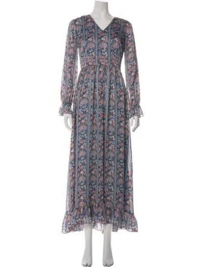 Pre-owned Mikael Aghal Floral Print Long Dress In Blue