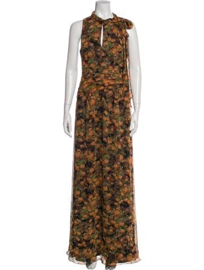 Pre-owned Mikael Aghal Floral Print Long Dress In Brown
