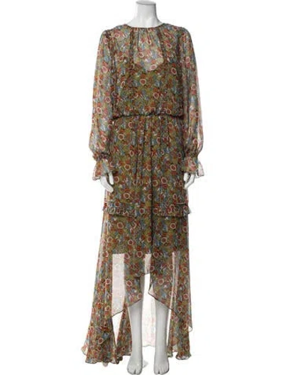 Pre-owned Mikael Aghal Floral Print Long Dress In Green