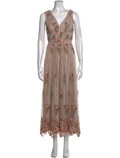 Pre-owned Mikael Aghal Floral Print Long Dress In Neutrals