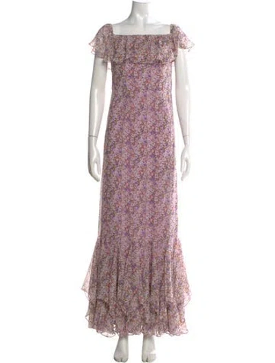 Pre-owned Mikael Aghal Floral Print Long Dress In Purple